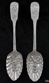 Pair of 2 Antique English Sterling Silver Berry/Serving Spoons Chased 