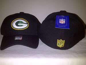 REEBOK Green Bay Packers Black Cap Hat Fitted NFL RBK Bent Bill Logo 