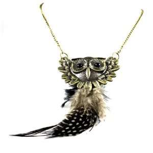 Awesome X Large Black Feather Owl Charm Necklace on Long 32 Antiqued 