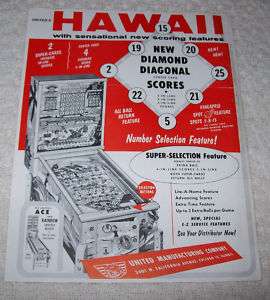 UNITED HAWAII BINGO PINBALL MACHINE FLYER BROCHURE 1954  