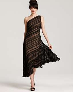 Tadashi Shoji Pleated Tea Length One Shoulder Dress   Dresses 