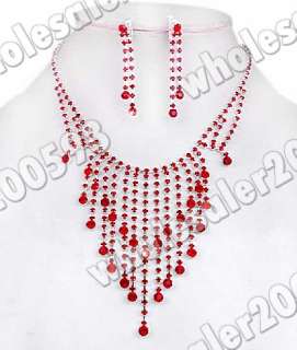 Red Rhinestone Crystal Fringe Necklace+Earrring Set W16028