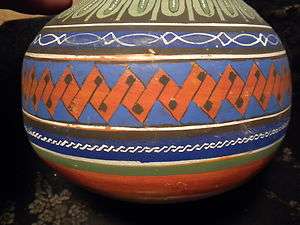 MEXICAN RED CLAY VASE, FOLK ART, HAND PAINTED, MULTI COLORS, VINTAGE 