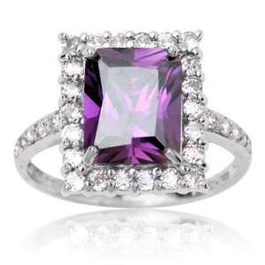 10k White Gold and Emerald Cut Purple Cubic Zirconia Embellished Ring 