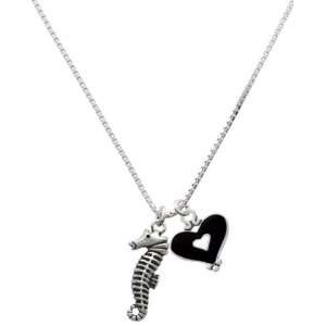 Antiqued Seahorse and Black Heart Charm Necklace Jewelry