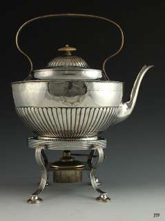 GEORGIAN ENGLISH SILVER THREADED KETTLE ON STAND  