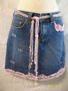GUESS JEANS cute denim & pink lace skirt bead belt 12  