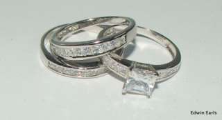 3ct Princess Cut cz 3 Ring Engagement Wedding Ring Set  