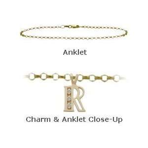  Diamond Initial R Yellow Gold 9 Charm Anklet Jewelry