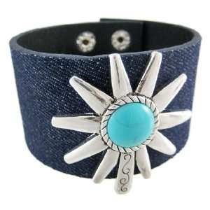    Dark Blue Denim Silver Finish Turquoise Spur Wristband Jewelry