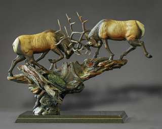 AWESOME BRONZE BULL FIGHTING ELK SCULPTURE BARRY STEIN  