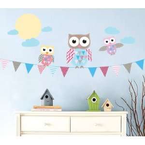  Kids Banner Vinyl Wall Decal with Flags 3 Owls Moon and 