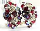 Vintage RED Crystal Bead RHINESTONE Earrings Clip On Gorgeous Faceted 