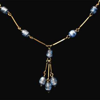 Vintage Czech Glass Bead FOIL Gold Blue Drop Necklace  