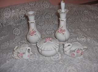 Vintage White Porcelain Perfume Bottle Japan Vanity Set Pink Roses 