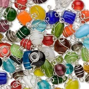 50 Assorted Shape Silver Coil Wire Wrapped Glass Beads  