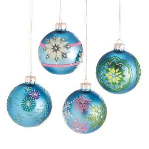  Set of 4 Blue Snowflake and Flower Pattern Glass Ball 