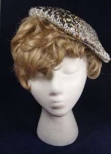 Vtg Womens Silver Sequin Tam Beret Hat Stretch Lamay  