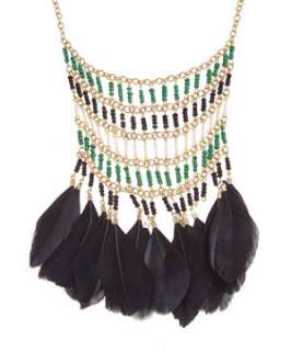 Black Pattern (Black) Ornate Bead and Feather Collar Necklace 
