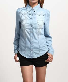   Bleached Denim Roll Up SHIRTS BLOUSE Puff Sleeve Button Jean Top