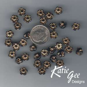 Czech Pressed Glass Button Flower Bead Black Gold Inlay  