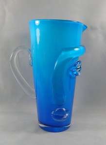 Cased Blue Blown Art Glass Pitcher with Applied Face  