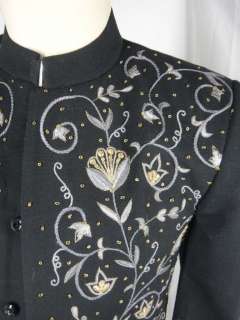 BLACK NEHRU JACKET metallic gold EMBROIDERY floral classic S XS 44 