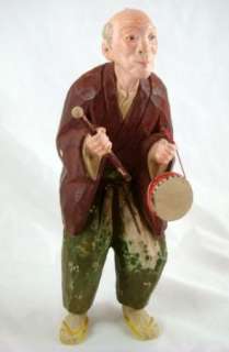   Signed Hand Carved Painted Elderly Man Figure Statue With Drum  