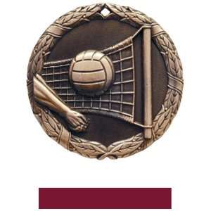 Custom Volleyball Medal M 300V BRONZE MEDAL/MAROON RIBBON 2 ROUND 