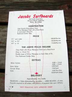 Vintage Surfboards jacobs price list surfboard 1960s  