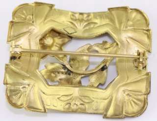 Large Art Nouveau Gilt Stamped Flower Brass Sash Pin Signed JJS J 