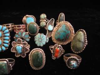 VINTAGE LOT 21 NATIVE TAXCO STERLING SILVER TURQUOISE RINGS WEAR SCRAP 