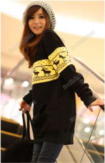 Women Korea Fashion Deer Printing Cotton Jacket Long Sweatshirt Top 