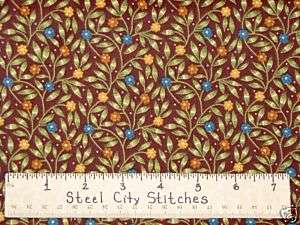 Country Floral Vine Swirl Brown Blue Cotton Flower Fabric BTY  