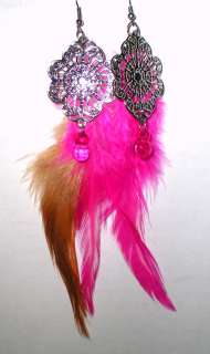 Silver Filigree Charm Bead Dangling Multi Colored Fuzzy Feathers * U 