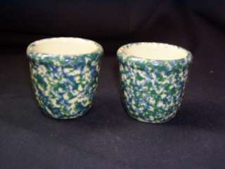 Henn Pottery 2 BLUE GREEN Double SPONGEWARE Votive Cups  