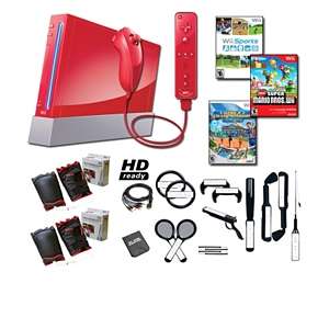 Nintendo Wii Red Gaming Console and Red Wii Remote Plus and Red 