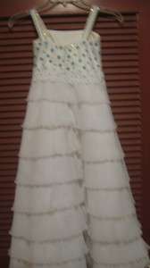 Adorable White Tiered Pageant Formal Dress with Turquoise Stones Girls 