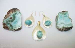   LARIMAR NACRE MOTHER OF PEARL PENDANT EARRINGS SILVER JEWELRY SET