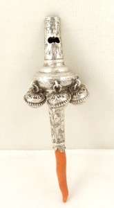 ANTIQUE STERLING SILVER & CORAL BABY RATTLE & WHISTLE 1826   JOHN 