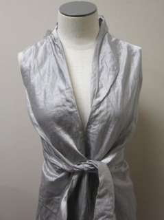 Eileen Fisher Steel Satin V neck Tie Front Dress Silver NWT $318 
