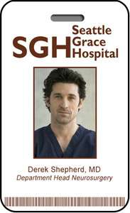 Derek Shepherd MD ID Card SGH Badge Hospital Prop  