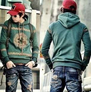 NEW Mens Floral Print Korean Version Hoodie Jacket Sweater Dark Green 