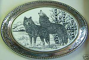 Belt Buckle Barlow Scrimshaw Wolf Pair Western Silver 617414140842 