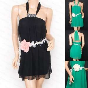 Chiffon Beads Halter Flower Belt Party Mini Dress S  