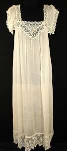 VINTAGE ANTIQUE 1920S CREAM SILK CREPE NIGHTGOWN WITH SILK LACE TRIM 