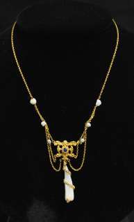 Art Nouveau Seed Pearl Baroque Sapphire 14k Necklace  