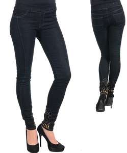 Womans Jeans Denim Jeggings Leggings pull on studded S M L XL jr Black 