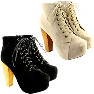 WOMENS LACE UP ANKLE BOOTS HIGH BLOCK PLATFORM WOODEN HEEL SUEDE SHOES 