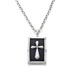 Mens Black Onyx and Diamond Sterling Silver Cross Pendant with 20 